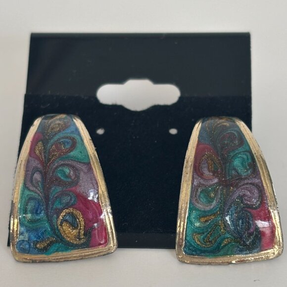 Unbranded Jewelry - Abstract Enamel Dangle Earrings Swirl Colorful Gold Tone Multi Color Retro 1980s